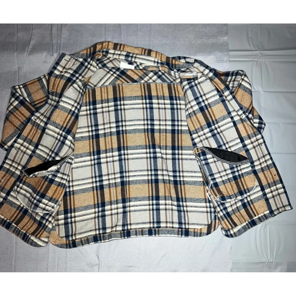 NWT Lucky Brand Plaid Shirt Jacket Shacket Tan‎ Navy Blue Mens Large 7WD3349